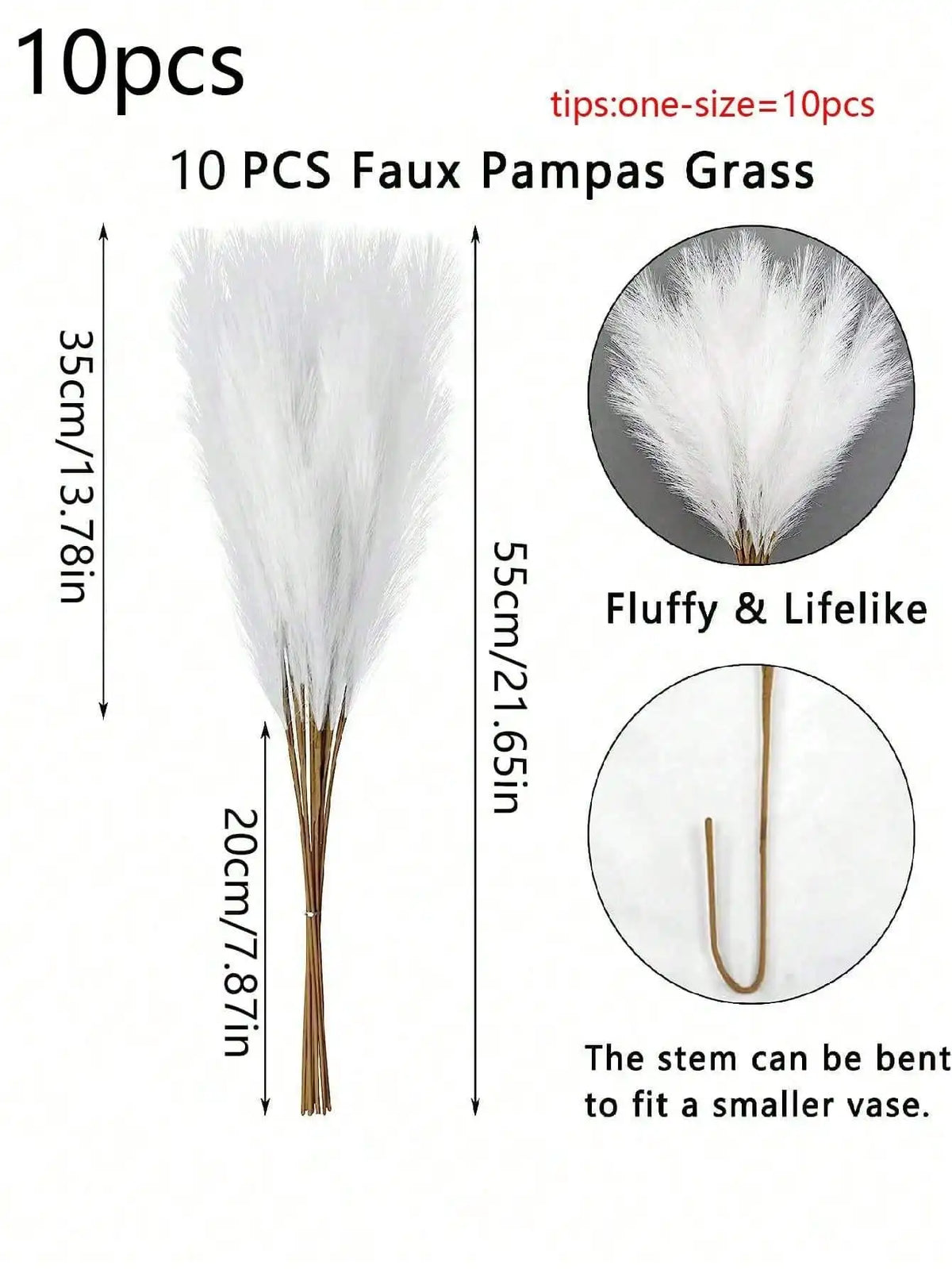 Ten artificial pampas grass stems, 35cm long, used for home decor.