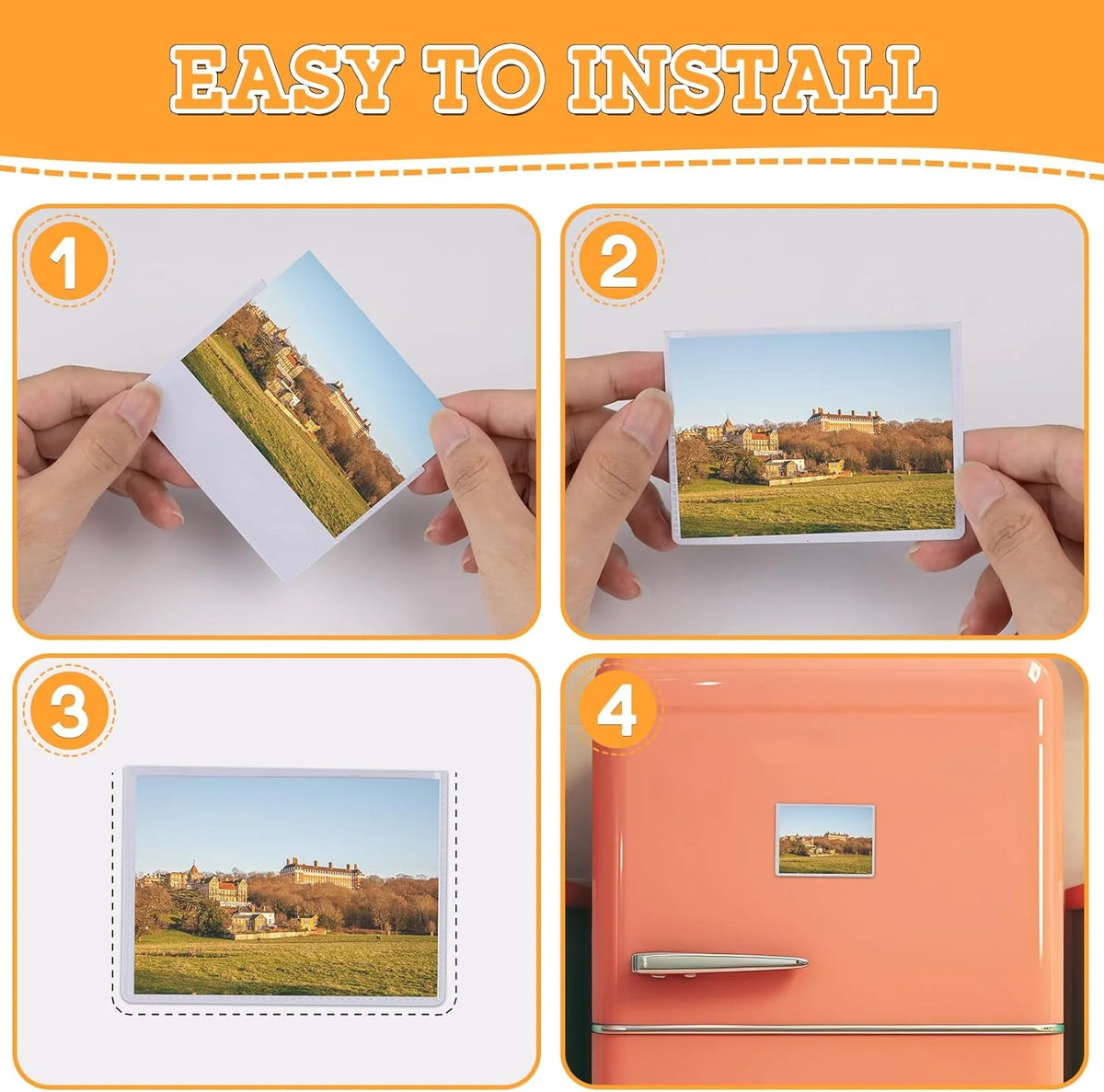 Four steps show how to easily install magnetic picture frames on a refrigerator or locker.