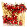 A bundle of red and green watermelon-shaped cocktail picks made of pearl-tipped bamboo.