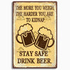 A vintage-style metal sign with text warning about kidnapping and a beer mug graphic.
