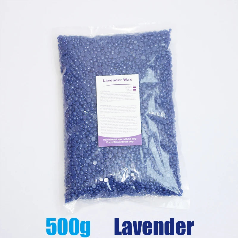 500g of lavender wax beans for body hair removal packaged in a clear plastic bag
