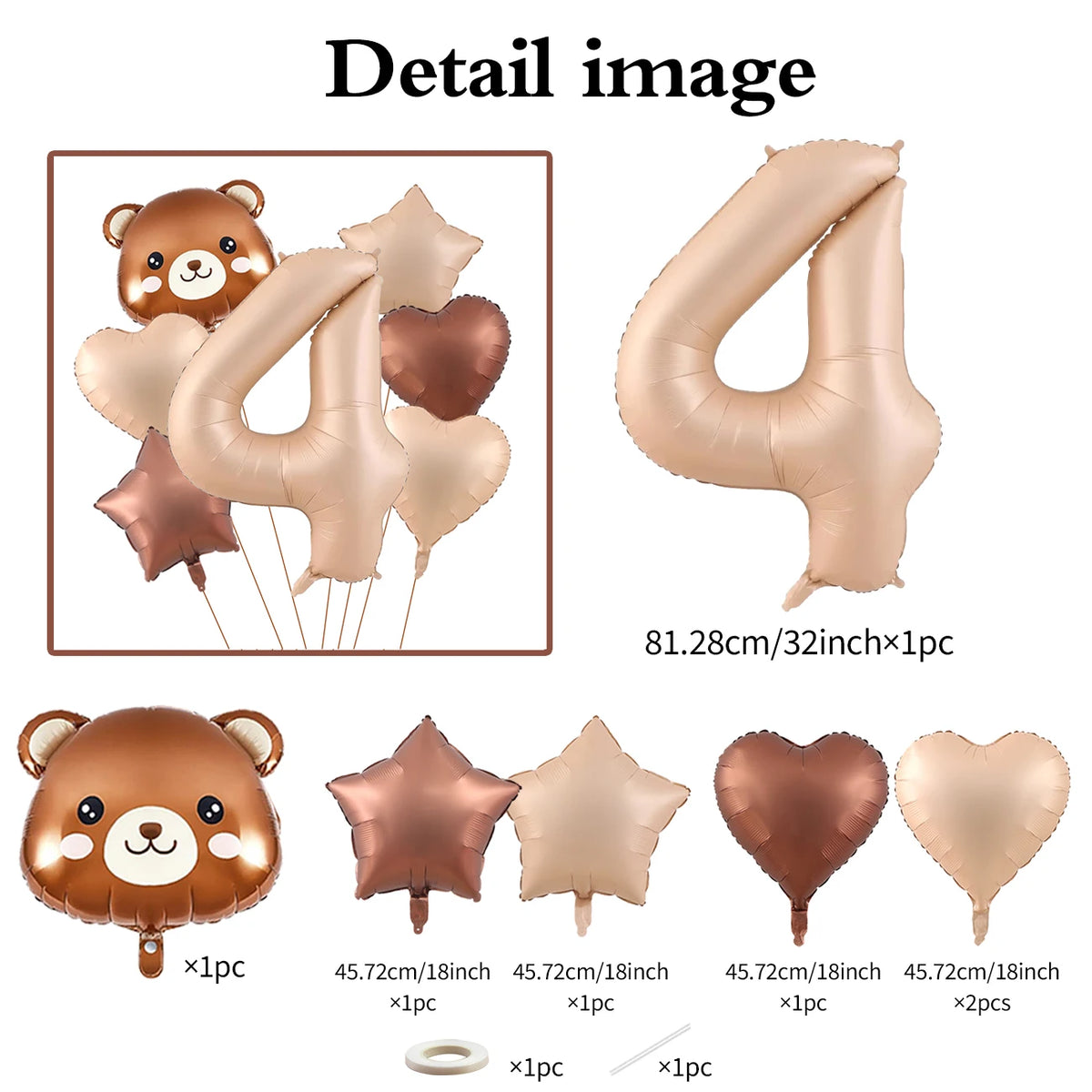 A set of brown bear-themed foil balloons including a number 4 and heart shapes in caramel and nude colors.