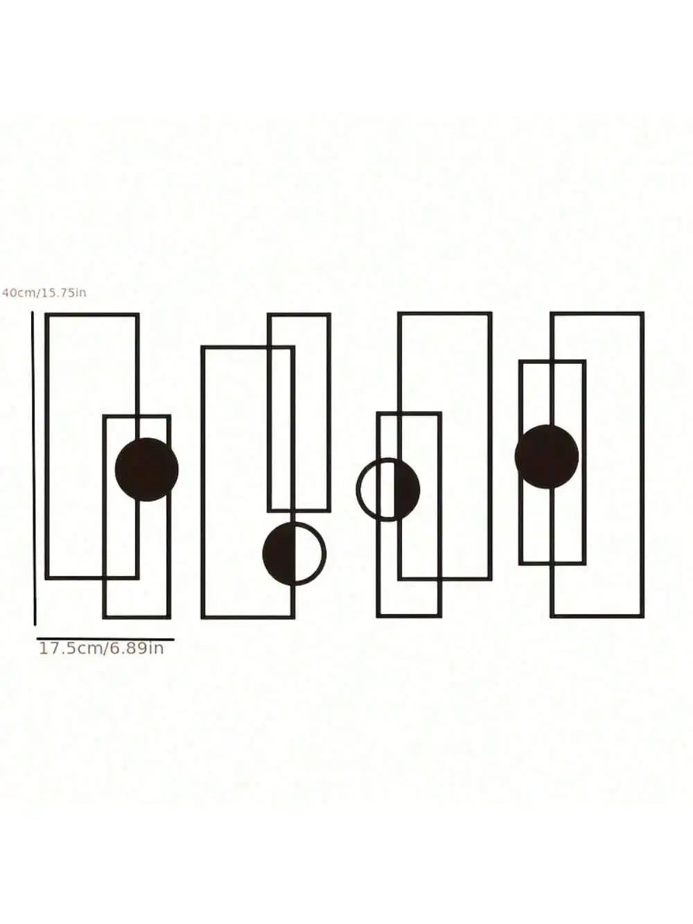 A set of five vertical metal wall decor pieces in black with various geometric shapes.