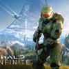 A futuristic soldier in green armor stands in a rugged, snowy landscape with a large structure in the background.