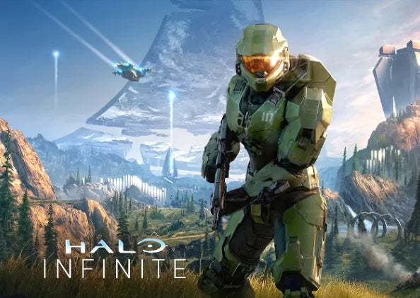 A futuristic soldier in green armor stands in a rugged, snowy landscape with a large structure in the background.