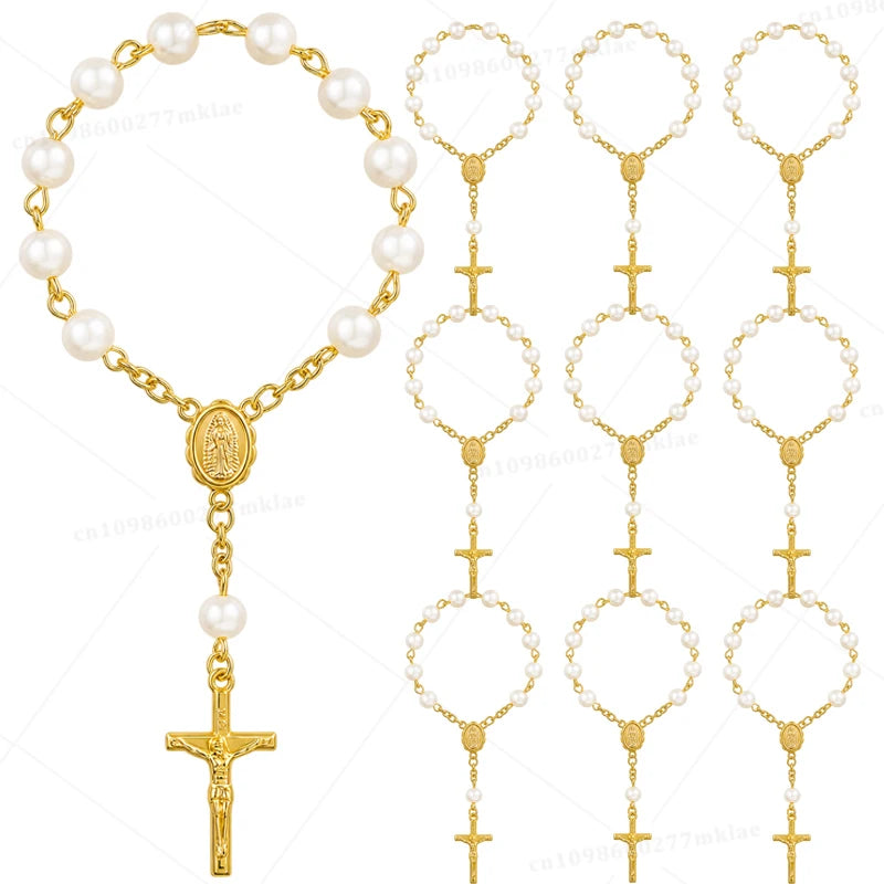 Gold and pearl mini baptism rosary favors with cross in assorted styles