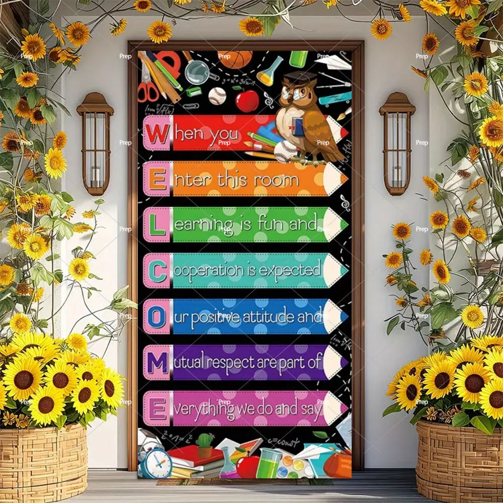 A door banner decor featuring letters spelling WELCOME with colorful pencils and school supplies.
