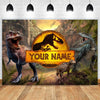A dramatic painting featuring dinosaurs in a jungle setting suitable for a birthday backdrop.