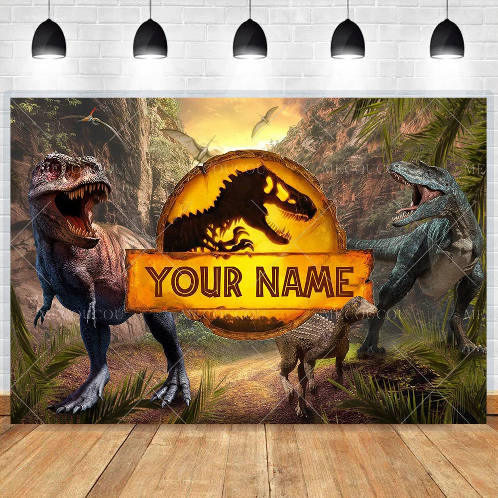 A dramatic painting featuring dinosaurs in a jungle setting suitable for a birthday backdrop.