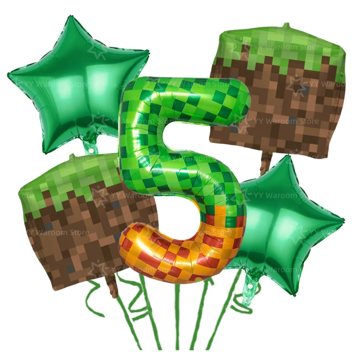 A set of green miner theme party decorations including balloons shaped like numbers and stars.