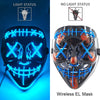 A close-up of a black EL mask with blue wire details and orange accents, shown in both light status and no light status.