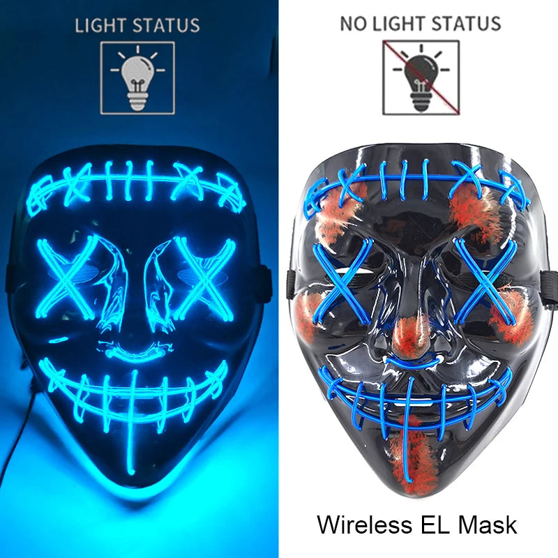 A close-up of a black EL mask with blue wire details and orange accents, shown in both light status and no light status.