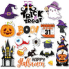 A set of 16 Halloween-themed fridge magnets featuring jack-o'-lanterns, bats, spiders, and spooky characters.