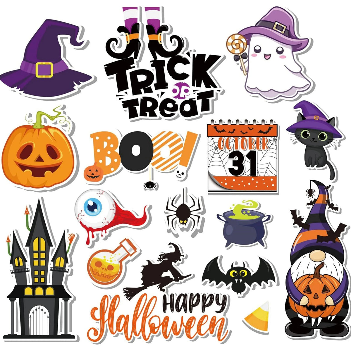 A set of 16 Halloween-themed fridge magnets featuring jack-o'-lanterns, bats, spiders, and spooky characters.
