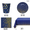 Navy blue and gold disposable party tableware set including a cup, plate, and tablecloth.