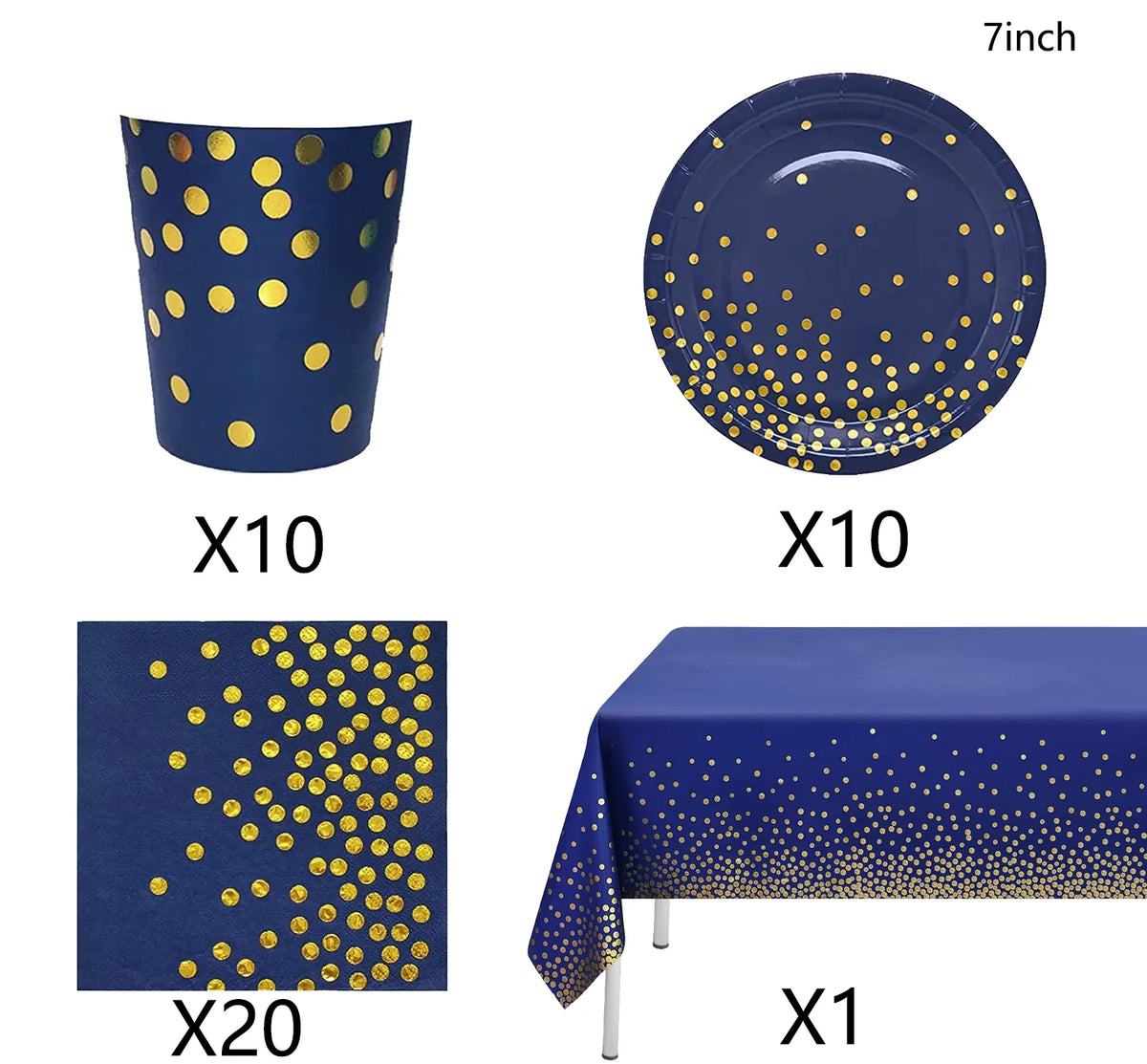 Navy blue and gold disposable party tableware set including a cup, plate, and tablecloth.