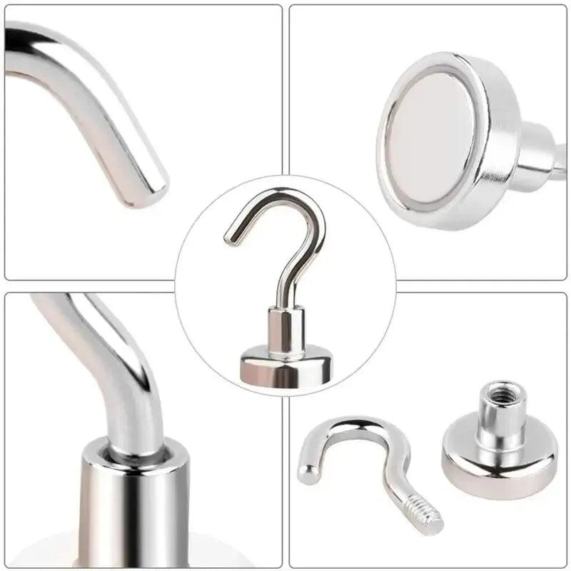 A collection of strong magnetic hooks in various shapes and sizes for organization.
