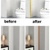 Before and after images showing the application of self-adhesive PVC edge guard strips on cabinets, tables, and corners.