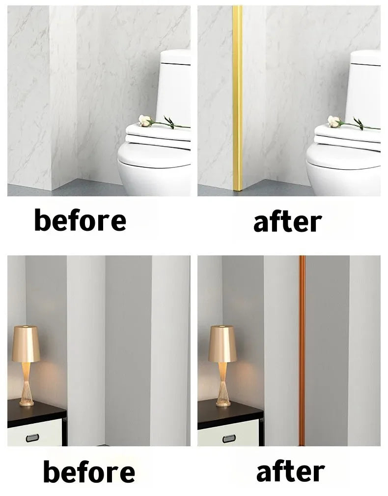 Before and after images showing the application of self-adhesive PVC edge guard strips on cabinets, tables, and corners.