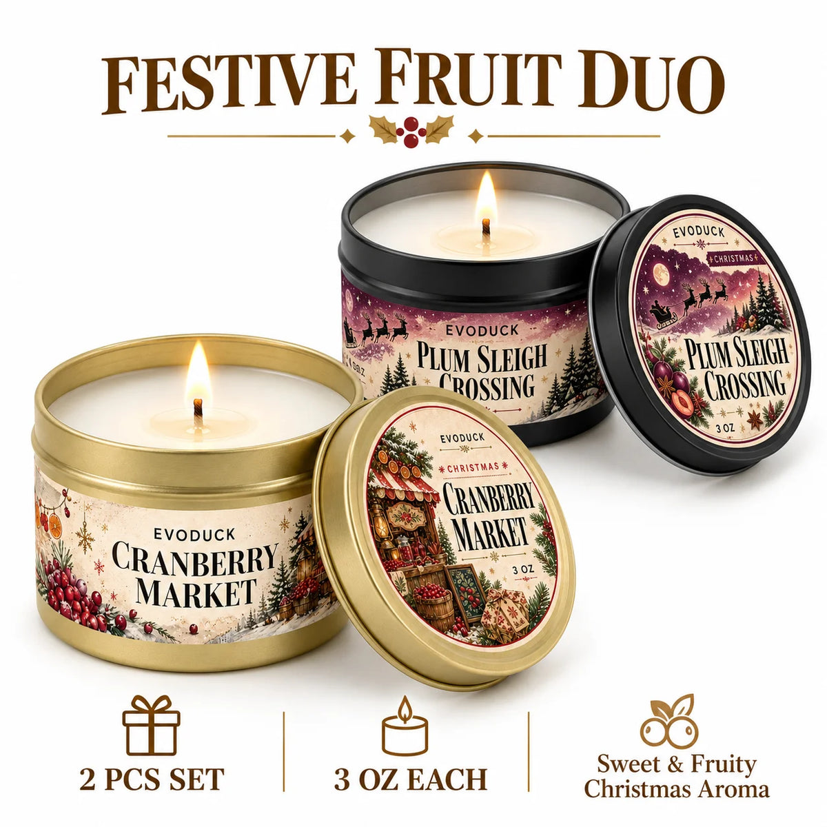 A festive fruit duo set featuring two Evoduck candles, one Cranberry Market and one Plum Sleigh Crossing.
