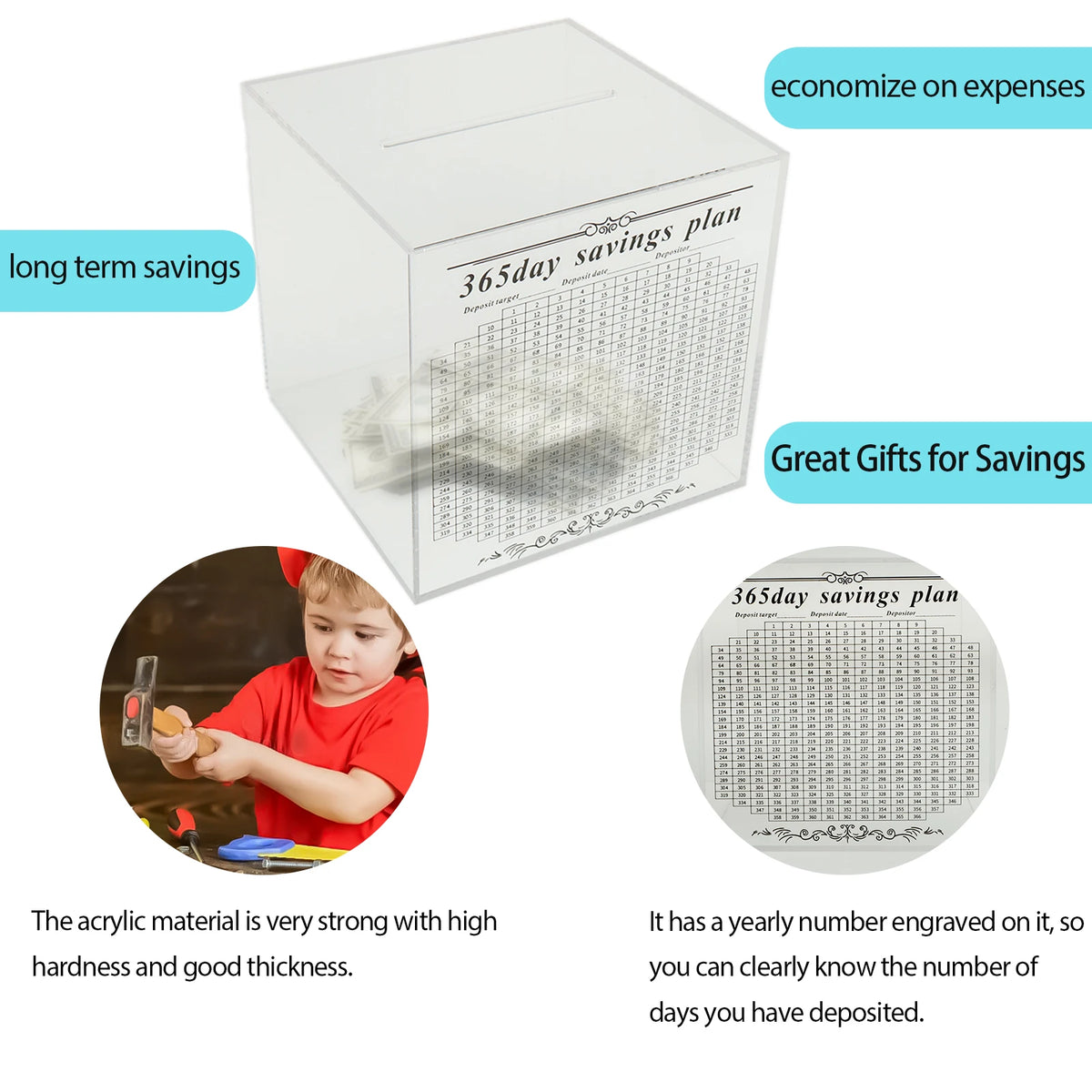 A clear acrylic piggy bank box designed as a 365-day savings plan for long term savings and gifts.