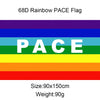 A horizontal rainbow flag with the word PACE displayed in white letters on a green background.