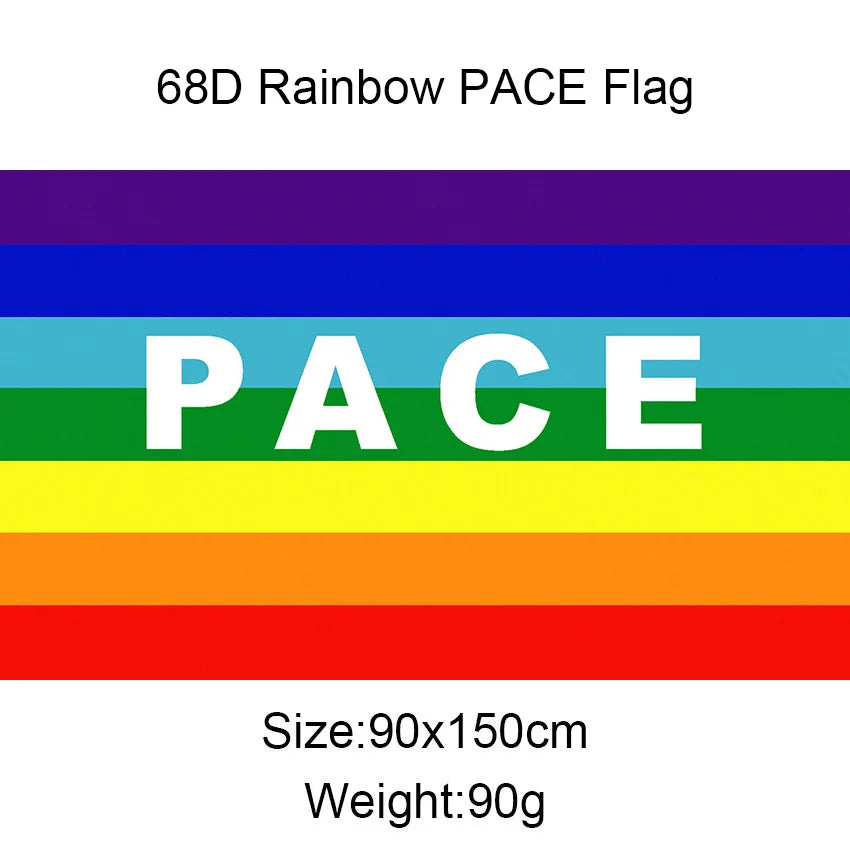 A horizontal rainbow flag with the word PACE displayed in white letters on a green background.