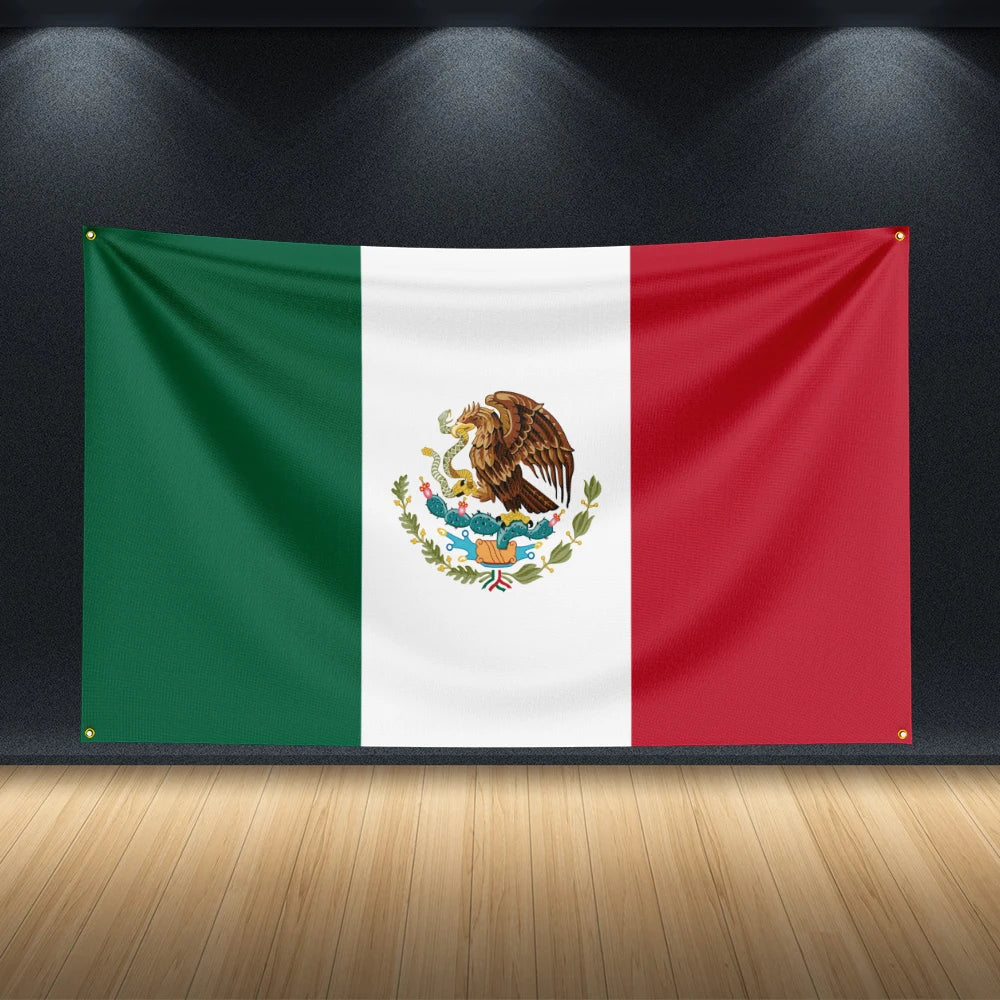 A large Mexican flag tapestry displayed on a dark wall with spotlights.