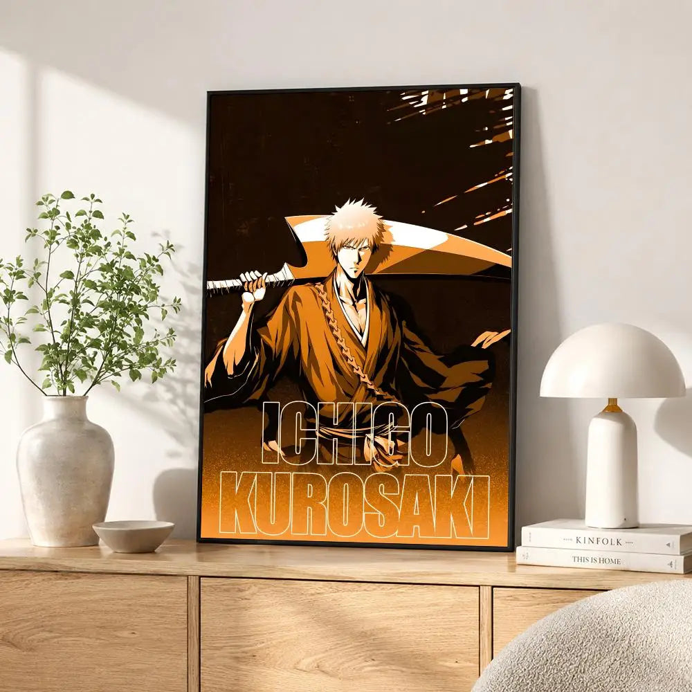 A framed poster featuring an anime character, Ichigo Kurosaki, in a dark background.