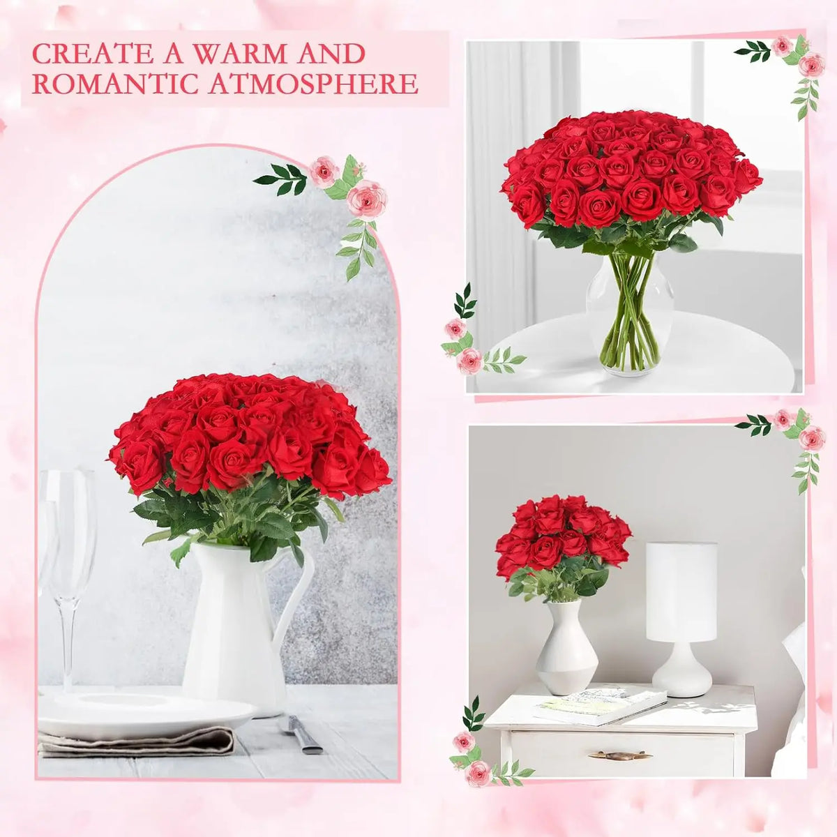 A bouquet of vibrant red artificial silk roses in a white pitcher displayed on a table.