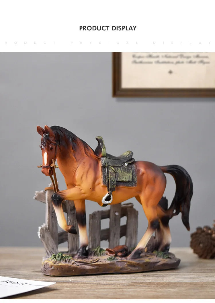 A detailed rustic western horse sculpture with a saddle and bridle displayed on a wooden base.