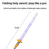 A detailed cosplay prop of a folding holy sword with rune details and a telescopic design.