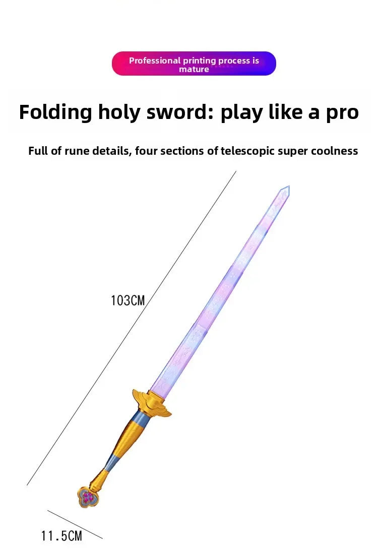 A detailed cosplay prop of a folding holy sword with rune details and a telescopic design.