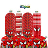 A set of 61 pieces of red and black superhero themed party tableware including plates, cups, and napkins.