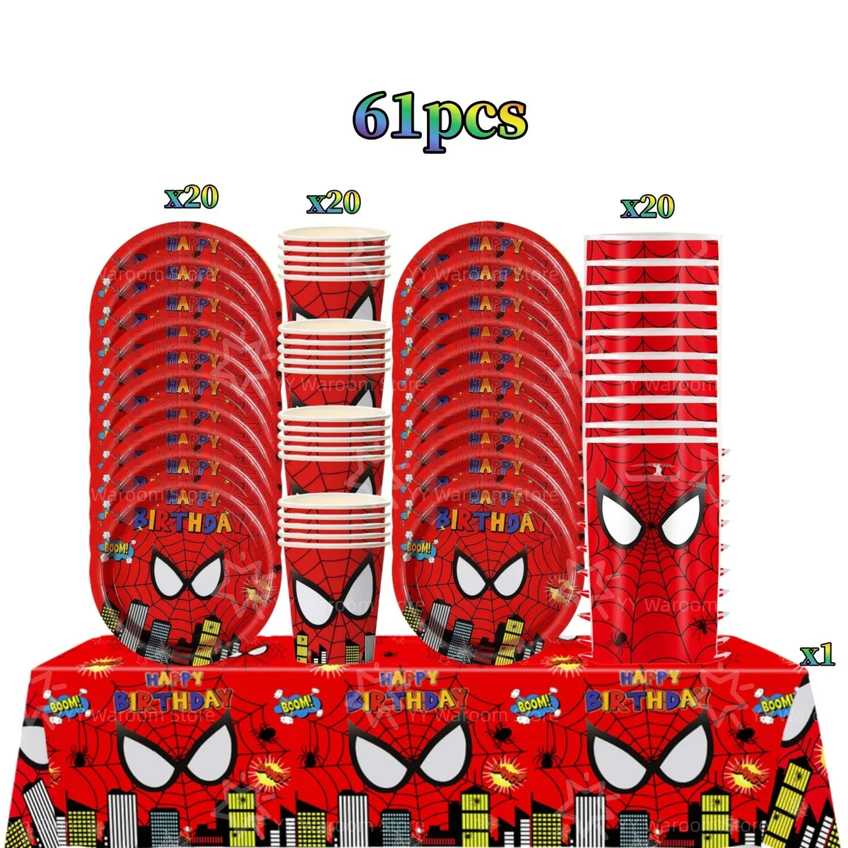A set of 61 pieces of red and black superhero themed party tableware including plates, cups, and napkins.