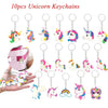 A collection of ten unicorn keychains with various colors and designs displayed on a hand.