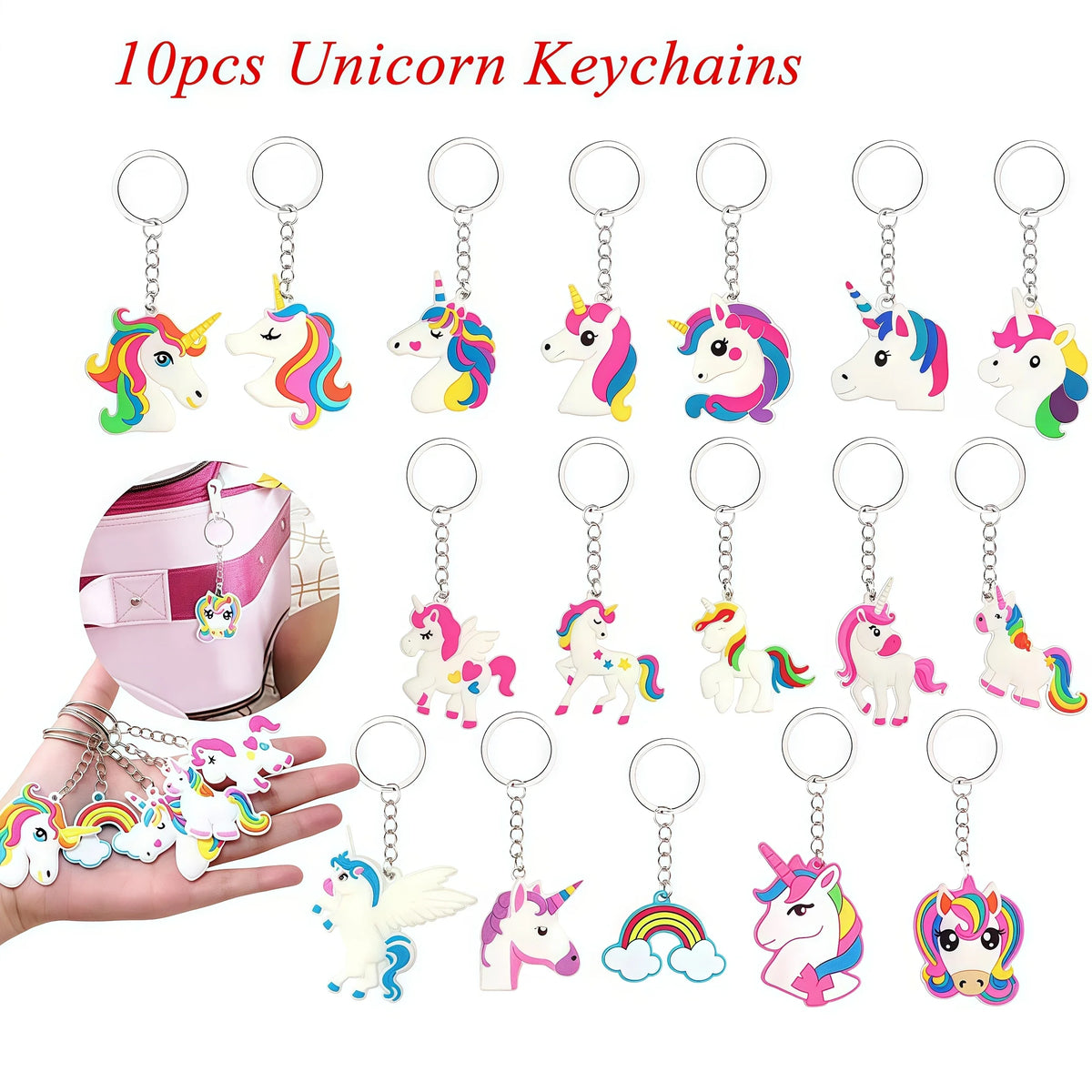 A collection of ten unicorn keychains with various colors and designs displayed on a hand.