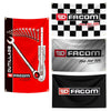 A set of garage wall flags featuring Facom tools designs in red, black, and silver on various fabric backgrounds.