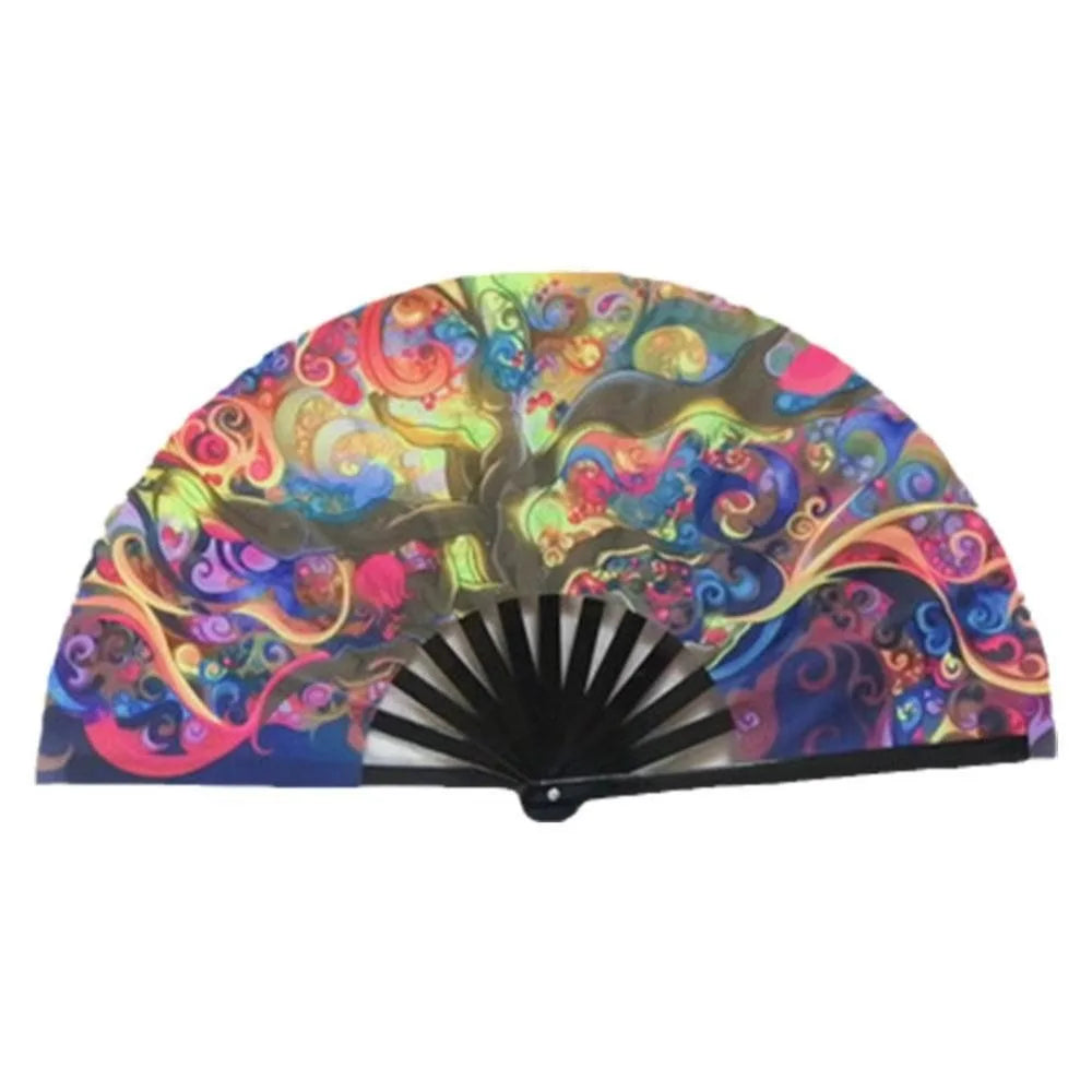 UV fluorescent handheld folding fan with vibrant swirling colors and patterns