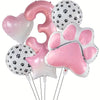 A foil balloon set featuring the number three, a heart, and a paw print shape in pink and white.
