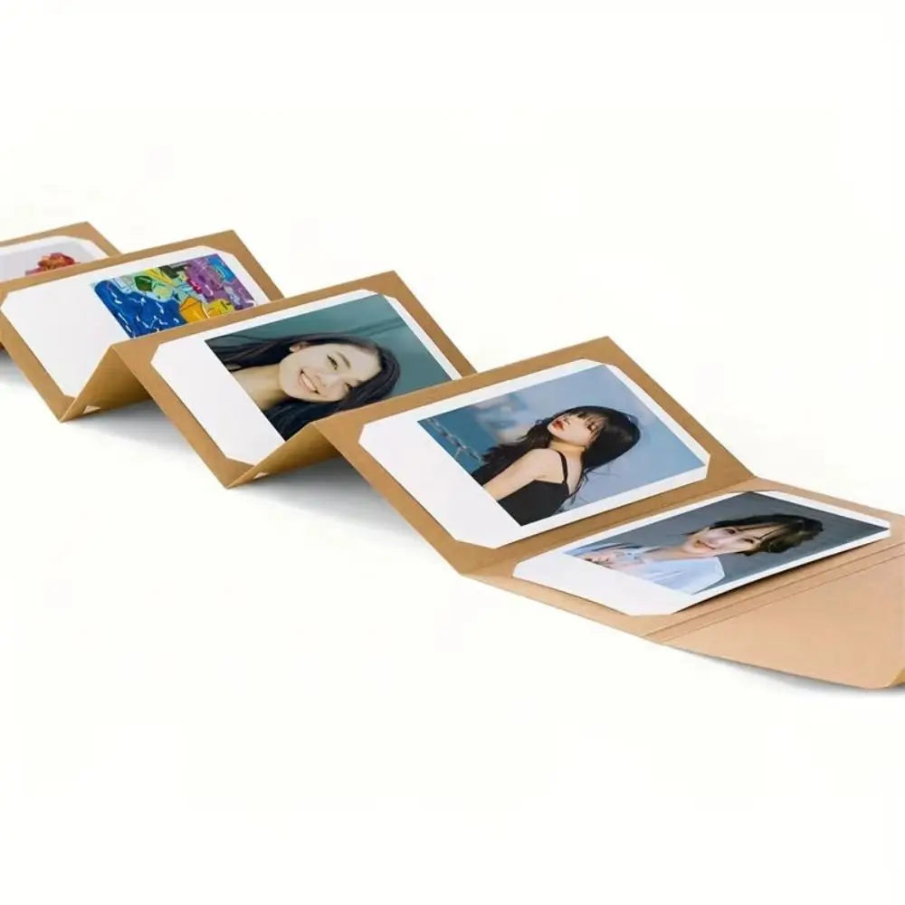 A set of five accordion folding photo albums with neutral brown covers displaying various photographs.