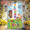 A colorful classroom door banner featuring cute animals and text welcoming students back to school