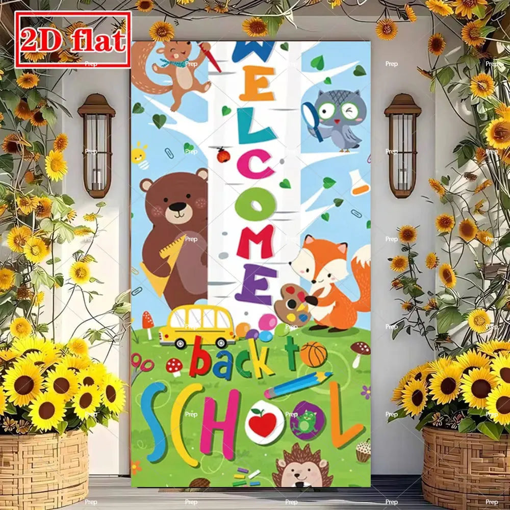 A colorful classroom door banner featuring cute animals and text welcoming students back to school