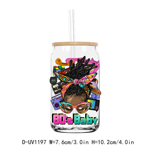 A clear tumbler with a black and gold graphic featuring an afro girl face and the text 80's Baby