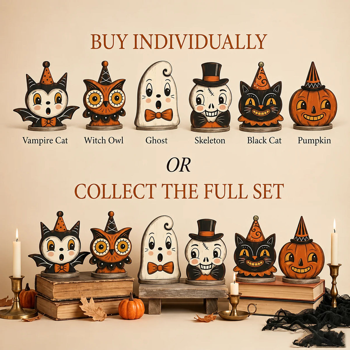 A display of individual Halloween decor items including a Vampire Cat, Witch Owl, Ghost, Skeleton, Black Cat, and Pumpkin, wi
