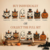 A display of individual Halloween decor items including a Vampire Cat, Witch Owl, Ghost, Skeleton, Black Cat, and Pumpkin, wi