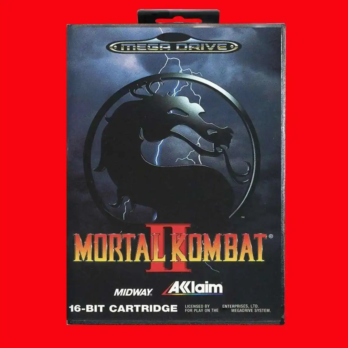 A game cartridge box for Mortal Kombat II for the Sega Mega Drive console.