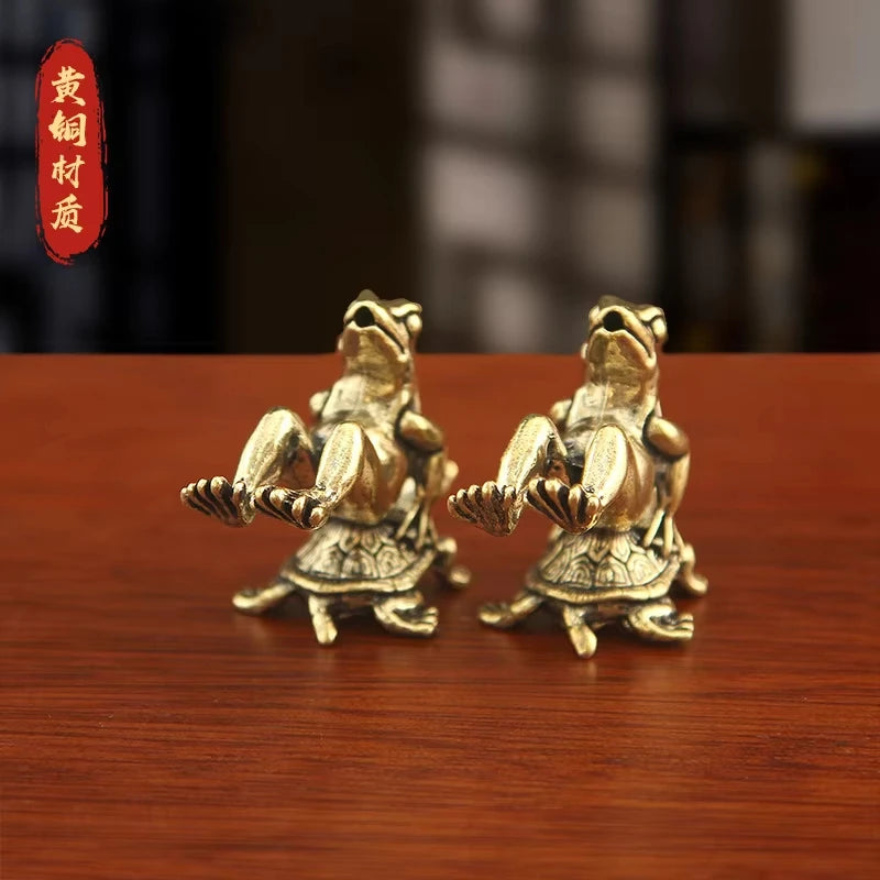 Antique Brass Frog and Turtle Figurine Set