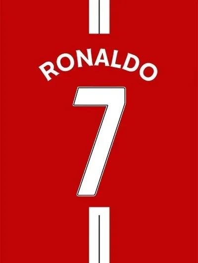 Red canvas wall art featuring the number 7 and the name RONALDO in white text.