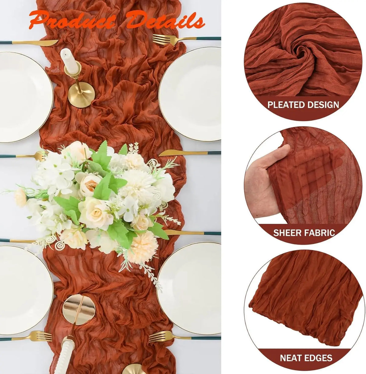 Terracotta semi-sheer cheesecloth table runner set featuring pleated fabric and neat edges.